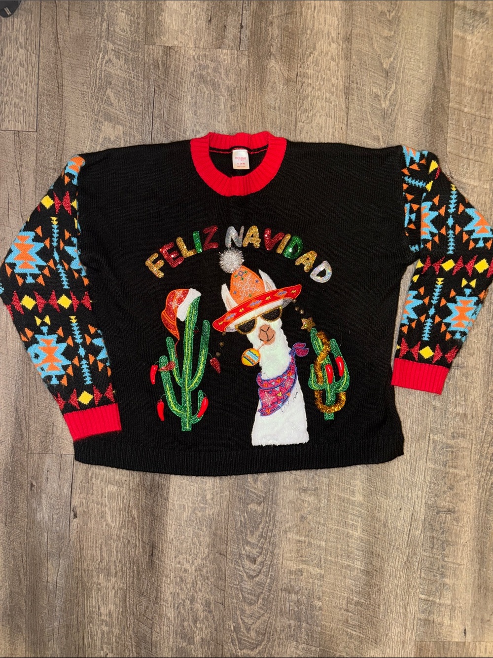Feliz Navidad Llama Knit Sweater - Black with Red Trim
